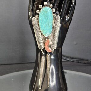 Navajo Turquoise And Coral Sterling Silver Bolo Tie Signed. USA Native American